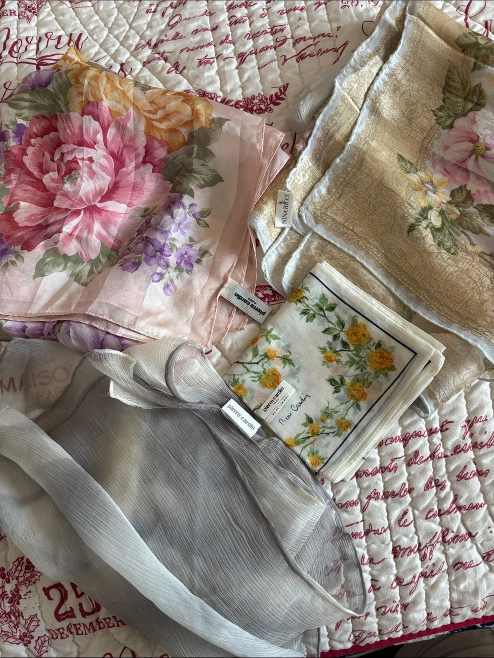 VINTAGE SILK Scarf Bundle and Cotton Handkerchief (Pierre Cardin/Nina Ricci)